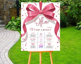 Pink Bow Birthday Milestone Sign, Pink Bow 1st Birthday Milestone Board, Milestone Poster Printable, Baby First Year Stats Pink Bow, PMS0191