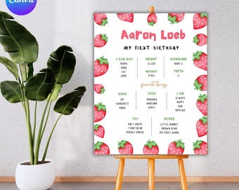 Berry First Birthday Milestone Sign Template, Strawberry 1st Birthday Sign, Editable Strawberry Milestones Board, Berry Birthday, PMS0196