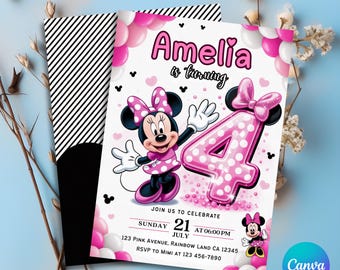 Invito di compleanno modificabile di Minnie Mouse, compleanno di Minnie Mouse, invito di compleanno acquerello, invito stampabile, Minnie rosa, PMS0005