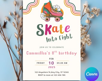 Roller Skating Birthday Invitation, Girl Roller Skating Invitation, Pink Purple Girl Kids Skate Birthday Party, Canva Template, PMS0038