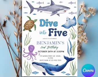 Editable Dive Into Five Birthday Invitation, Ocean Animals Party, Canva Template, Under the Sea Party Invite. Kids Birthday Party, PMS0079