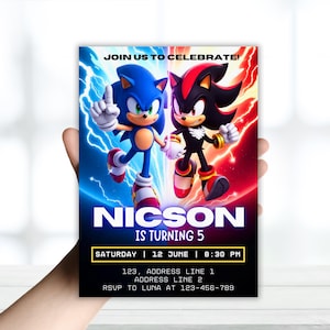 Sonic Birthday Invitation  Editable Sonic and Shadow Party Invite for Boys  5th Birthday Digital Download  Printable Video Game Theme Invite