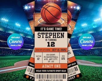 Invito di compleanno a tema basket, festa a tema partita, design biglietto VIP, invito festa sportiva, festa di compleanno, download immediato, PMS0064