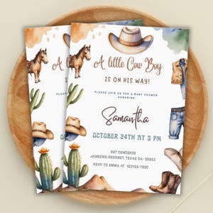 Editable A Little Cowboy Baby Shower Invitation, Wild West Baby Shower Invite, Cowboy Baby Shower Invitation, Rodeo Baby, Instant Download