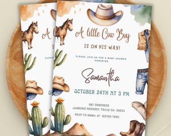 Redigerbar liten cowboy babyshowerinbjudan, Vilda västern babyshowerinbjudan, cowboy babyshowerinbjudan, rodeobebis, CANVA, PMS0113