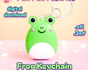 May include: A green frog keychain with a white belly, black eyes, and pink cheeks. The keychain has a silver ring and the text "Frog Keychain 100% support-free". The image also includes the text "Puff Puff Pastries" and "digital download".