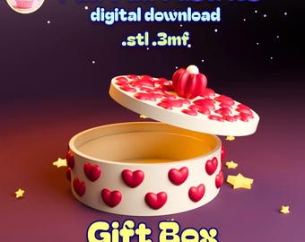 May include: A 3D-rendered gift box with a lid, decorated with red hearts. The box is beige with red heart accents. The lid is white with red heart shapes. Text on the image reads "Puff Puff Pastries digital download .stl.3mf" and "Gift Box 100% support-free."
