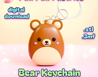 May include: A brown bear-shaped keychain with a light beige belly and pink cheeks. The keychain has a silver ring and the text "Bear Keychain" and "100% support-free". The image also includes the text "digital download", ".stl", and ".3mf".