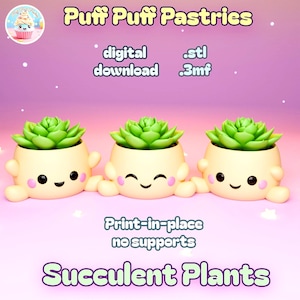Può includere: Tre adorabili vasi per piante grasse con facce sorridenti e braccia. I vasi sono beige con piante verdi sopra. L'immagine include il testo "Puff Puff Pastries", "digital download", "Print-in-place no supports" e "Succulent Plants".
