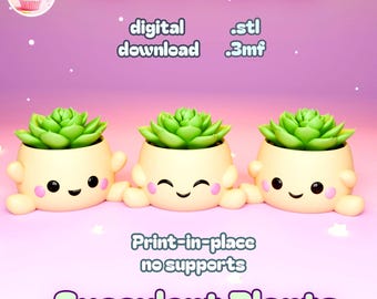 May include: Three adorable succulent plant pots with smiling faces and arms. The pots are beige with green plants on top. The image includes the text "Puff Puff Pastries", "digital download", "Print-in-place no supports", and "Succulent Plants".