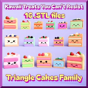 Könnte beinhalten: Ein Satz von 16 STL-Dateien zum 3D-Drucken von dreieckigen Kuchen mit Kawaii-Gesichtern. Die Kuchen sind in verschiedenen Farben und haben verschiedene Beläge, wie Erdbeeren, Blaubeeren und Blumen. Der Text "Kawaii Treats You Can't Resist" und "Triangle Cakes Family" ist auf dem Bild zu sehen.