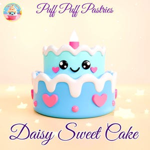 Puede incluir: Un pastel azul de dos niveles con glaseado blanco, corazones rosas y una cara sonriente. El pastel tiene una vela encendida en la parte superior y el texto "Daisy Sweet Cake" está escrito en la parte inferior. La imagen también incluye el texto "Puff Puff Pastries".