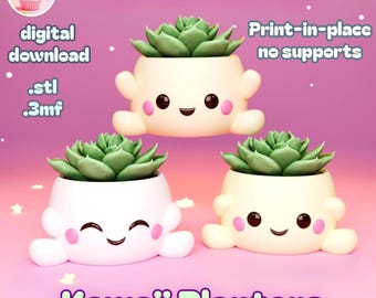 May include: Three Kawaii planters with green succulent plants. The planters are white and cream-colored with smiling faces and small arms. Text includes "Puff Puff Pastries", "digital download", and "Print-in-place no supports".