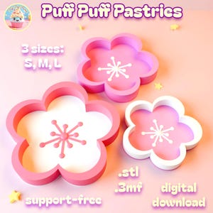 Könnte beinhalten: Rosa und weiße Ausstecher in Blumenform in den Größen S, M und L. Die Ausstecher haben ein Blumendesign mit weißer Mitte und rosa Umrandung. Der Text "Puff Puff Pastries", "support-free" und "digital download" ist ebenfalls enthalten.