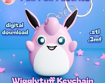 May include: A pink Wigglytuff keychain with black-tipped ears, green eyes, and a smiling mouth. The keychain includes a silver ring and chain. Text on the image reads "Puff Puff Pastries," "digital download," ".stl .3mf," "Wigglytuff Keychain," and "100% support-free."