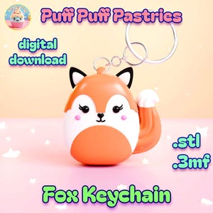 May include: Orange and white fox keychain with black ears and a fluffy tail. The keychain has a silver ring and the text "Fox Keychain". The image also includes the text "digital download", ".stl", and ".3mf".