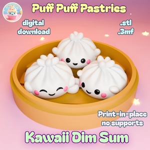 Op de afbeelding: Een digitale download afbeelding van drie witte, lachende, kawaii dim sum dumplings in een gele stoommand. De tekst "Puff Puff Pastries", "digital download", ".stl", ".3mf", "Print-in-place no supports" en "Kawaii Dim Sum" zijn ook zichtbaar.