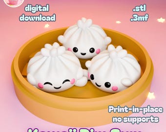 May include: A digital download image of three white, smiling, kawaii dim sum dumplings in a yellow steamer basket. The text "Puff Puff Pastries", "digital download", ".stl", ".3mf", "Print-in-place no supports", and "Kawaii Dim Sum" are also visible.