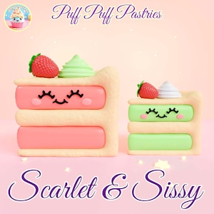Könnte beinhalten: Zwei süße Cartoon-Kuchen mit lächelnden Gesichtern. Der größere Kuchen ist rosa und weiß mit einer Erdbeere oben drauf. Der kleinere Kuchen ist grün und weiß mit einer Erdbeere oben drauf. Der Text "Puff Puff Pastries" befindet sich oben im Bild und der Text "Scarlet & Sissy" unten im Bild.