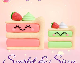 May include: Two cute cartoon cakes with smiling faces. The larger cake is pink and white with a strawberry on top. The smaller cake is green and white with a strawberry on top. The text "Puff Puff Pastries" is at the top of the image and the text "Scarlet & Sissy" is at the bottom of the image.
