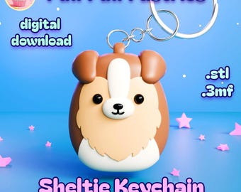 May include: A Sheltie keychain digital download featuring a brown, tan, and white dog character with black eyes and a nose. The design includes text reading Puff Puff Pastries, digital download, .stl, .3mf, Sheltie Keychain, and 100% support-free.