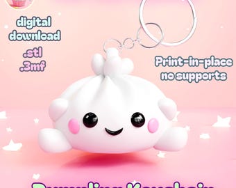 May include: A white dumpling keychain with a smiling face, pink cheeks, and black eyes. The keychain has a silver ring and the text "Dumpling Keychain". The image also includes the text "Puff Puff Pastries", "digital download", ".stl", ".3mf", and "Print-in-place no supports".