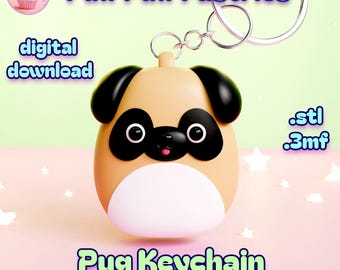 May include: A tan and black pug keychain with a silver keyring. The keychain has large black eyes, a black nose, and a pink tongue. The text "Pug Keychain" and "support-free" are displayed below the pug.