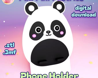 May include: A white and black panda-shaped phone holder with a support-free design. The holder has a black belly and ears, pink cheeks, and the text "Phone Holder" and "digital download". The background is a gradient of purple and pink.