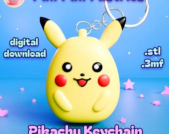 May include: A yellow Pikachu keychain with black-tipped ears, red cheeks, and a smiling face. The keychain is attached to a silver ring. Text includes "Puff Puff Pastries", "digital download", ".stl", ".3mf", "Pikachu Keychain", and "100% support-free".