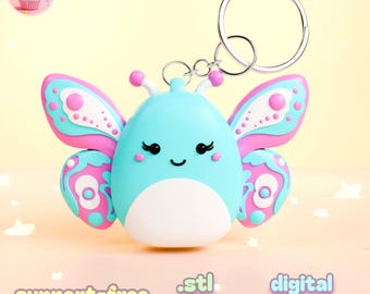 May include: A light blue butterfly-shaped keychain with pink and teal accents. The keychain has a silver ring and a smiling face. The image includes the text "Puff Puff Pastries", "support-free", ".stl", ".3mf", and "digital download".