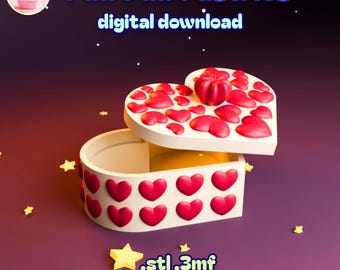 May include: A heart-shaped box with a lid adorned with red hearts and a small red gift on top. The box is open, revealing a yellow interior. Text reads "Puff Puff Pastries digital download" and "100% support-free".
