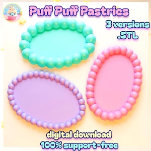 Pode incluir: Três bandejas ovais em tons pastel: verde-água, lavanda e rosa. Cada bandeja tem uma borda com contas. A imagem inclui o texto "Puff Puff Pastries", "3 versions .STL", "digital download" e "100% support-free."