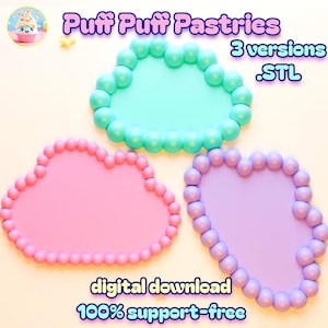 Puede incluir: Tres diseños pastel en forma de nube y corazón con bordes redondeados. Los diseños son en tonos rosa, verde y morado. El texto en la imagen dice "Puff Puff Pastries", "3 versions", ".STL", "digital download" y "100% support-free".