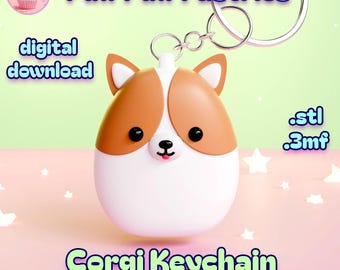 May include: A corgi-shaped keychain with a white body, brown ears, and a black nose and eyes. The keychain has a silver ring and the text "Corgi Keychain" and "support-free". The background is a gradient of pink and green.