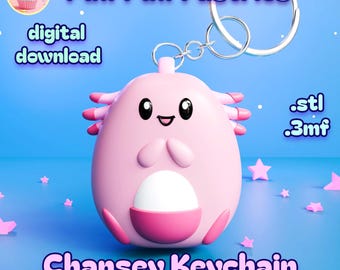 May include: Pink Chansey keychain with a white belly and pink accents. The keychain has a silver ring and chain. The image includes the text "Puff Puff Pastries", "digital download", ".stl .3mf", "Chansey Keychain" and "100% support-free".