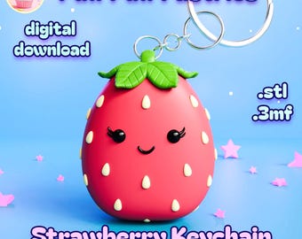 May include: A strawberry keychain with a red body, white seeds, and green leaves, featuring a smiling face with black eyes and eyelashes. The text reads Puff Puff Pastries, digital download, .stl, .3mf, Strawberry Keychain, 100% support-free.