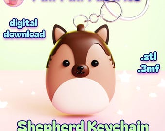 May include: A Shepherd keychain in the shape of a cartoon animal with brown, tan, and white coloring. The keychain has a silver ring and a small loop. The words "Shepherd Keychain" are written in green and blue text.