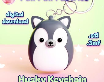 May include: A gray and white husky keychain with a silver keyring. The keychain has a cartoon design and the text "Husky Keychain" and "support-free". The image also includes the text "digital download", ".stl", and ".3mf".