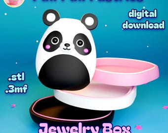 May include: A panda-shaped jewelry box with black, white, and pink elements. The box has three tiers and is support-free. The image includes the text "Puff Puff Pastries," ".stl", ".3mf", "digital download," and "Jewelry Box."