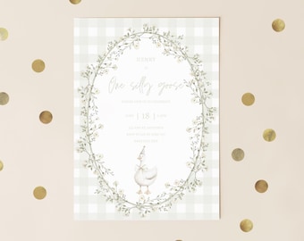 Editable One Silly Goose Birthday Invitation, digital download, printable, first birthday invitation, silly goose invite, neutral