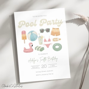 Plantilla de invitación editable para fiesta en la piscina Invitación para fiesta de verano Invitación de cumpleaños editable para fiesta en la piscina Invitación imprimible para fiesta en la piscina