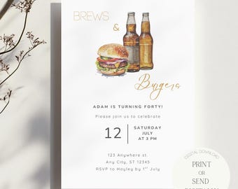 Brews & Burgers Birthday Invitation Template | Beer BBQ Invite  | Editable Canva Invitation | Instant Digital Download