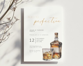 Faire-part d'anniversaire vieilli à la perfection | Invitation anniversaire whisky | Modèle de toile modifiable | Téléchargement numérique instantané