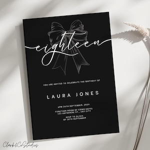 Editable Black and White Bow 18th Birthday Invitation Template, digital download, printable, eighteenth birthday invite, black and white