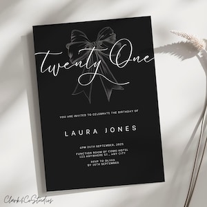 Editable Black and White Bow 21st Birthday Invitation Template, digital download, printable, 21st Birthday Invitation, twenty one