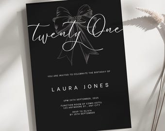 21st Birthday Invitation Template | Black and White Bow Invite | Editable Canva Invitation | Instant Digital Download