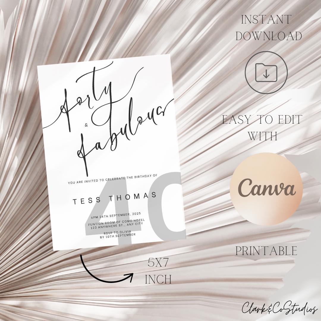 Editable 40th Birthday Invitation Template, Digital Invite, Printable ...