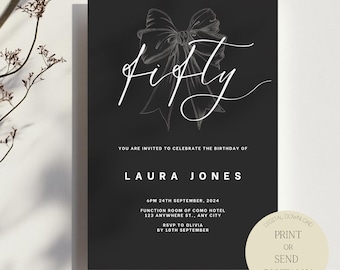 50th Birthday Invitation Template| Black and White Bow Invite | Editable Canva Invitation | Instant Digital Download