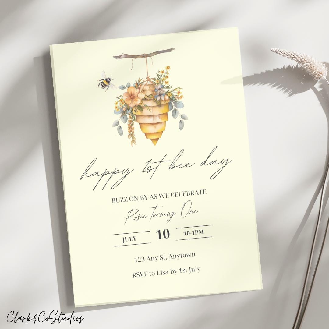 Editable Happy Bee Day Birthday Invitation Template, digital invite, bee, floral, happy first bee day, first birthday, bee hive, printable
