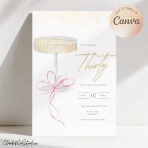 Plantilla de invitación de cumpleaños con forma de copa de champán / Invitación de cumpleaños con forma de copa / Invitación editable en Canva / Descarga digital instantánea